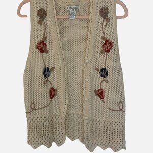 Gina Peters Crochet Knit Vest Women Small Floral Boho Cottagecore Embroidered